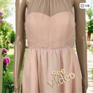 👛 2/$40 HITHERTO Strapless Fit/Flare Midi Pink Occasion Dress with Mesh Bodice
